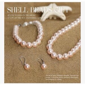 Pink Pearl Style  Jewelry Set Necklace Bracelet Earrings Sterling Silver Clasp